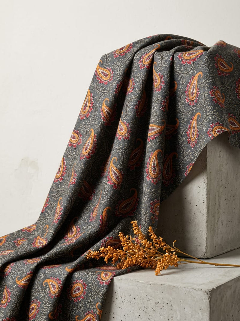 Grey Ethnic Paisley Vine Print Pure Cotton Digital Printed Fabric