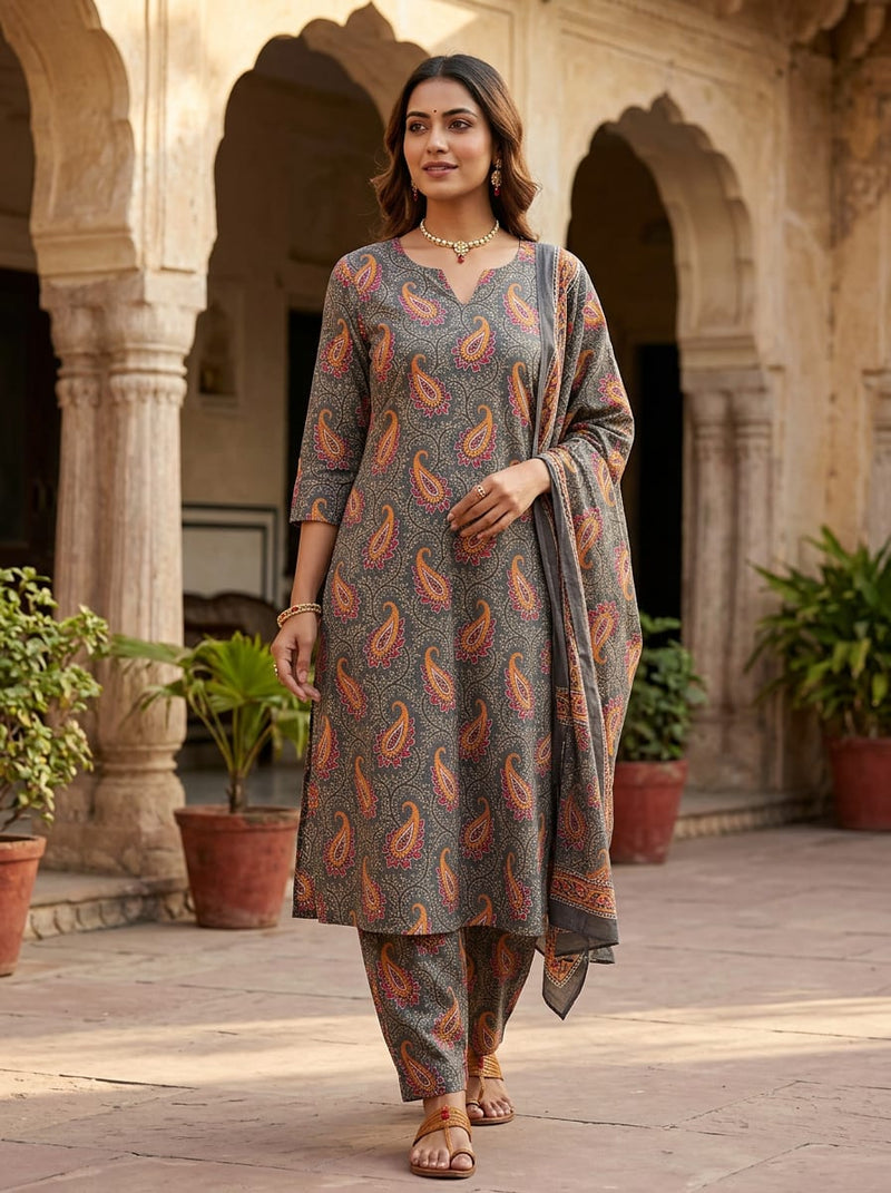 Grey Ethnic Paisley Vine Print Pure Cotton Digital Printed Fabric