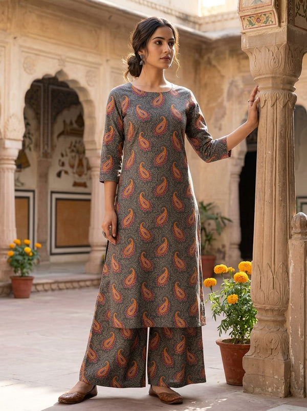 Grey Ethnic Paisley Vine Print Pure Cotton Digital Printed Fabric - Straight Kurta with Palazzo Lookbook - PCO-0-MA015041-108 - alternate view