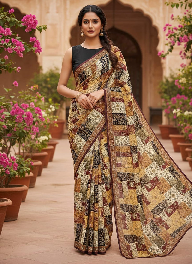 Decorative Square Puzzle In Flower Pure Georgette Printed Fabric