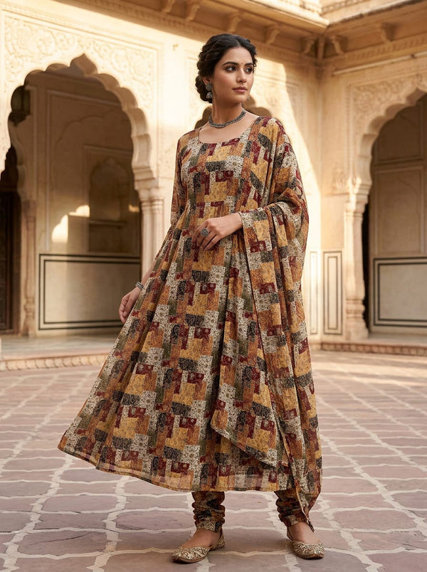 Multicolor Bohemian Patchwork Pattern Pure Georgette Digital Printed Fabric - Anarkali Kurta Set Lookbook - PG-0-MA015055-110 - alternate view