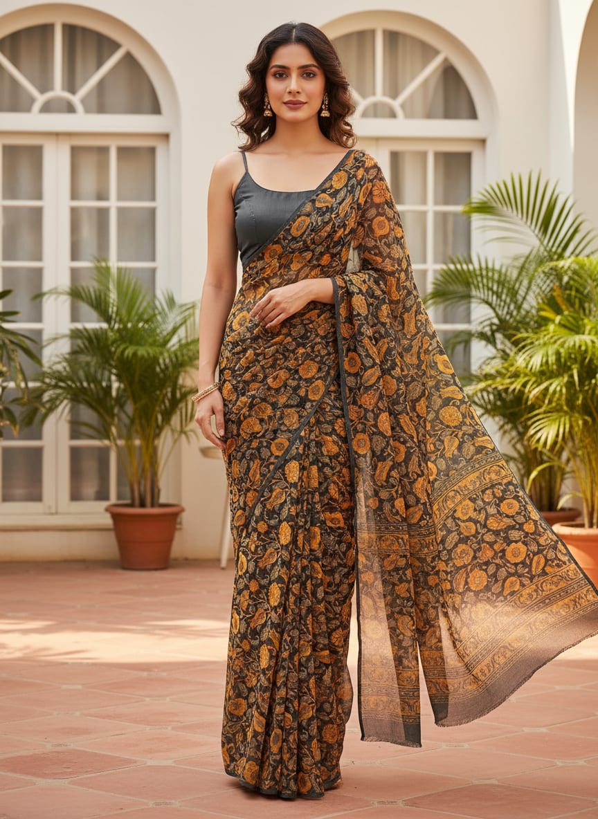 Black Art Nouveau Pure Georgette Printed Fabric Material