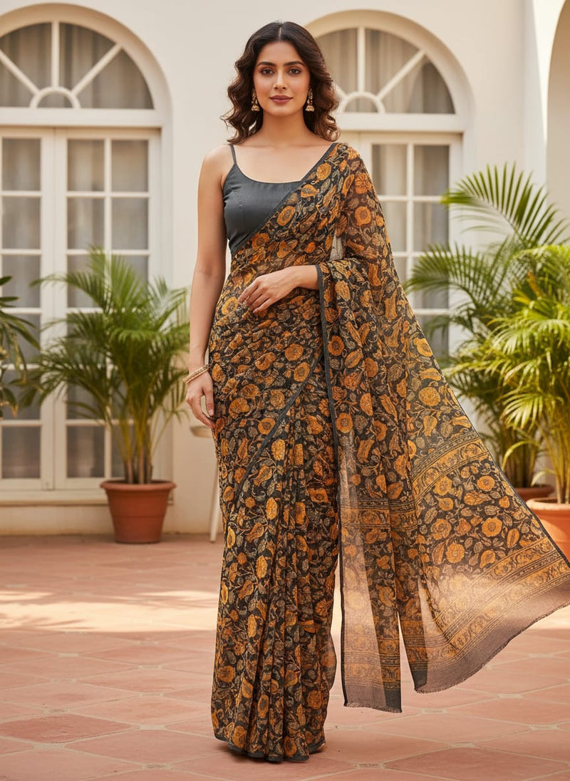 Black Art Nouveau Pure Georgette Printed Fabric Material