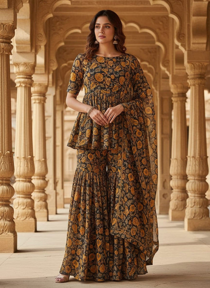 Black Art Nouveau Pure Georgette Printed Fabric Material