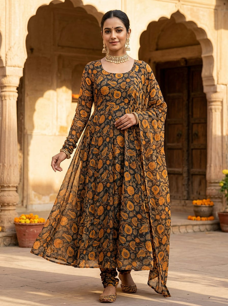 Black Ethnic Floral Jaal Pure Georgette Digital Printed Fabric