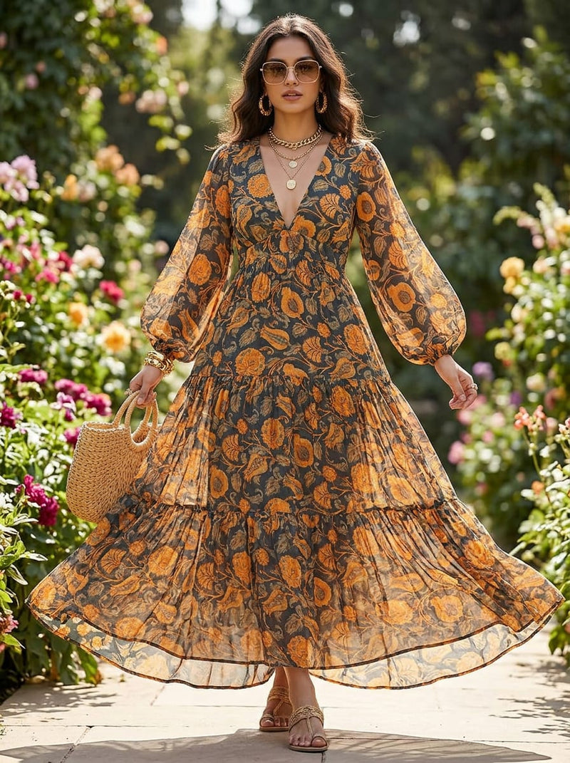 Black Ethnic Floral Jaal Pure Georgette Digital Printed Fabric