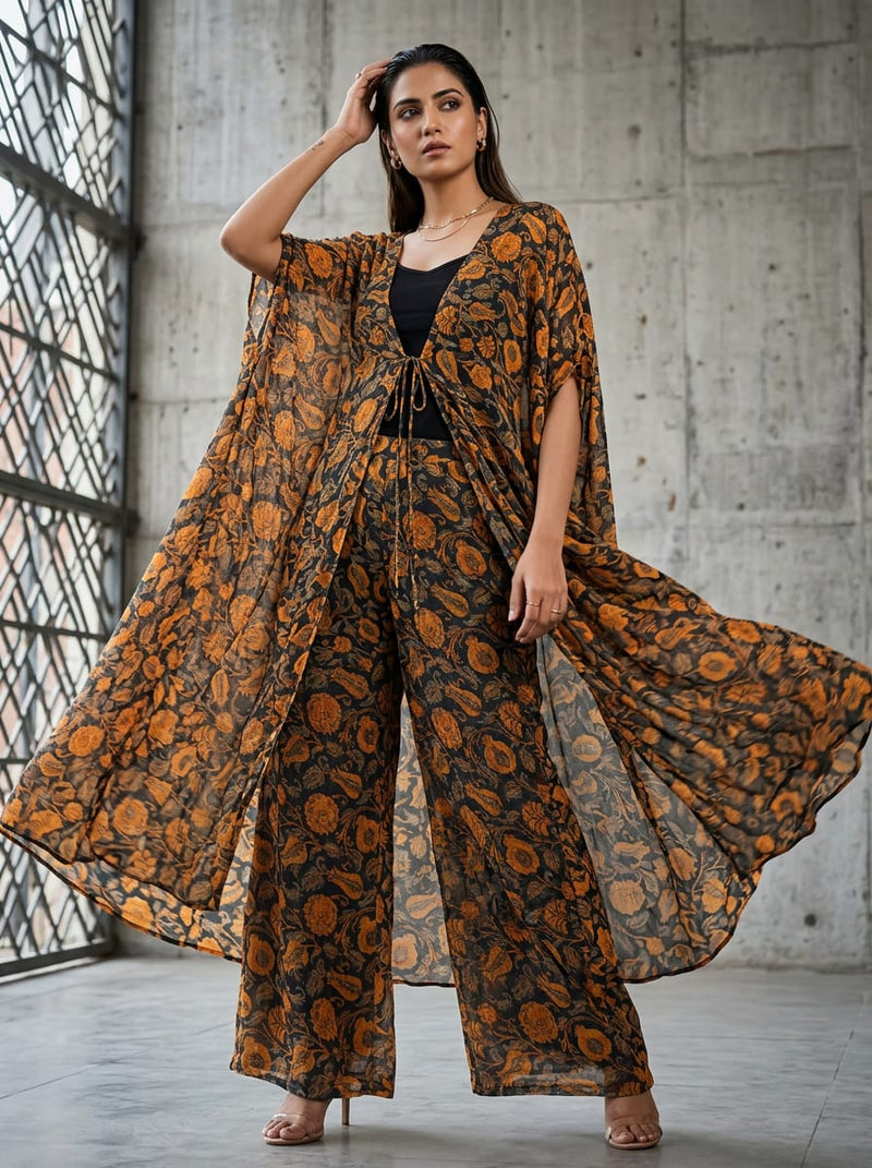 Black Ethnic Floral Jaal Pure Georgette Digital Printed Fabric