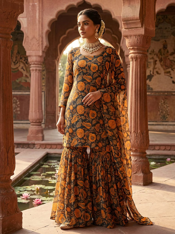 Black Ethnic Floral Jaal Pure Georgette Digital Printed Fabric - Gharara Set Lookbook - PG-0-MA015070-110 - alternate view