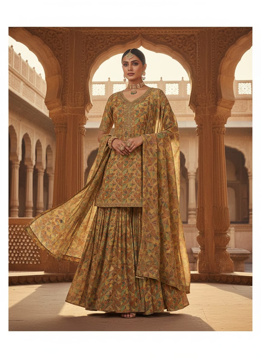 Yellow Hatched Triangle Geometric Pure Georgette Digital Printed Fabric