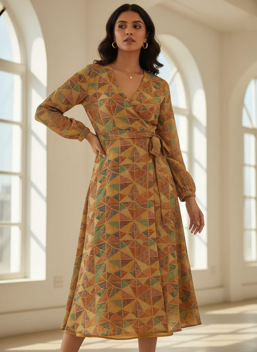 Yellow Hatched Triangle Geometric Pure Georgette Digital Printed Fabric