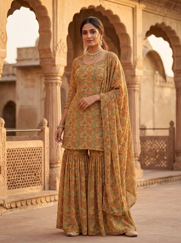 Yellow Hatched Triangle Geometric Pure Georgette Digital Printed Fabric - Sharara Set Lookbook - PG-0-MA015191-110 - alternate view