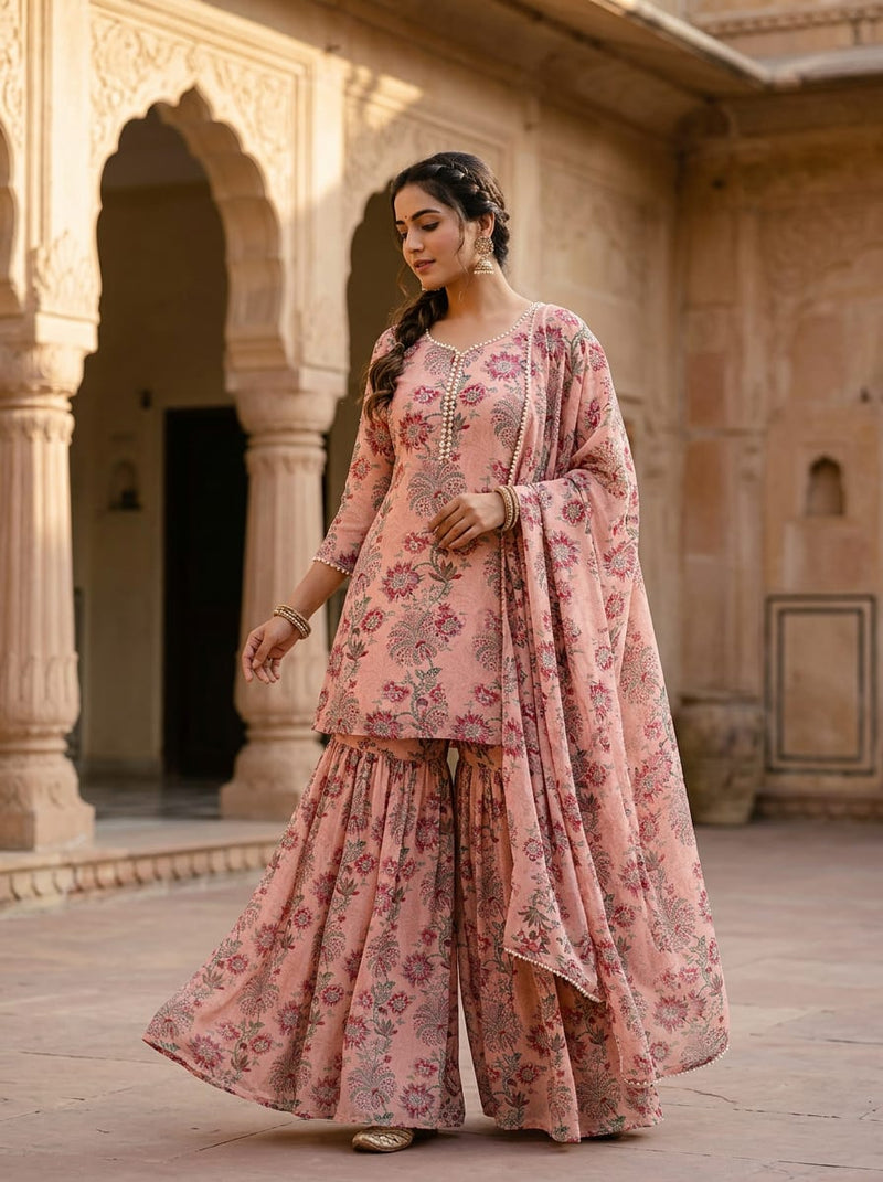 Peach Ethnic Floral Vine Jaal Pure Georgette Digital Printed Fabric