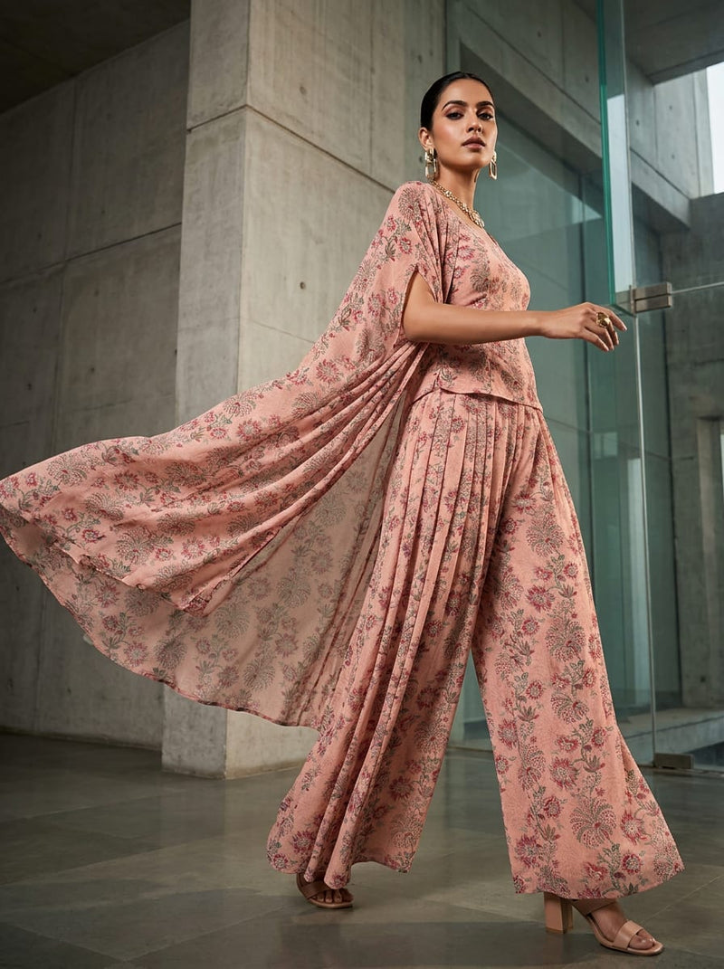 Peach Ethnic Floral Vine Jaal Pure Georgette Digital Printed Fabric
