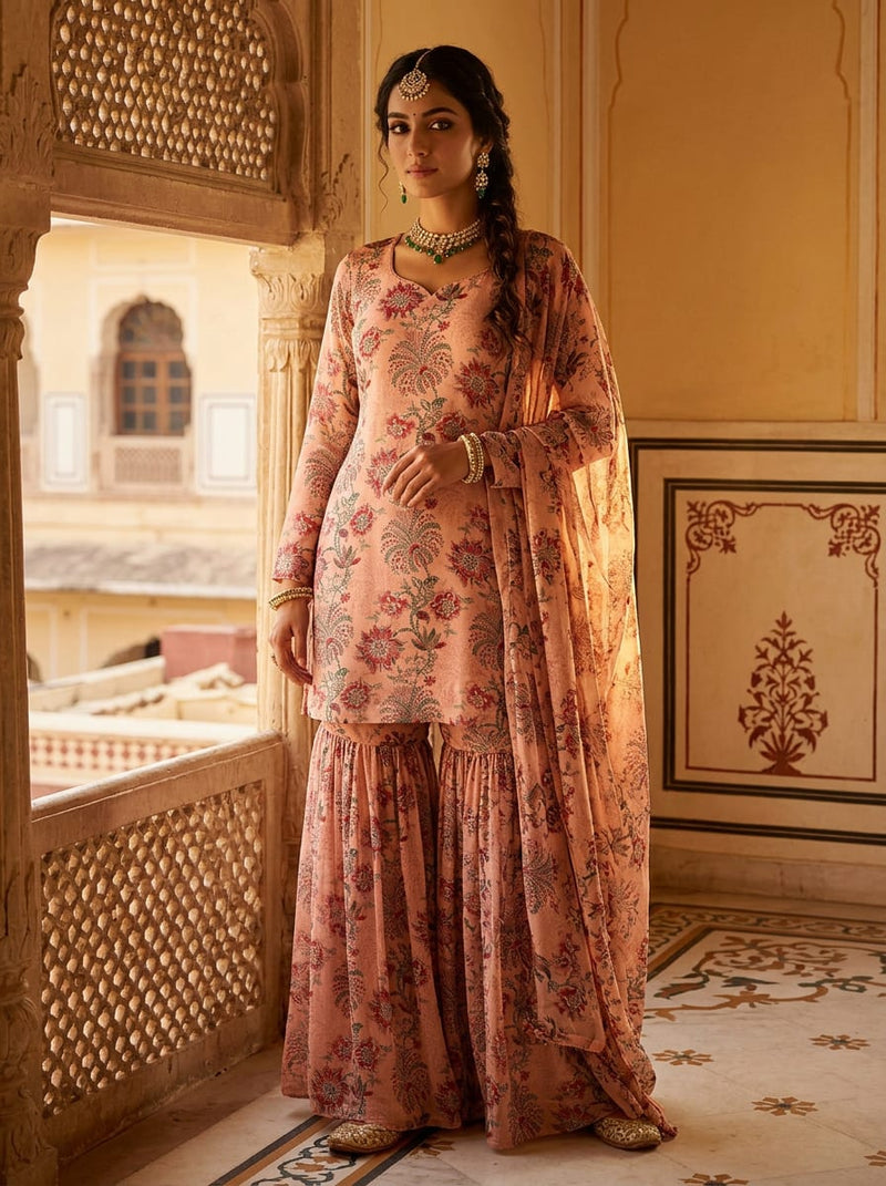 Peach Ethnic Floral Vine Jaal Pure Georgette Digital Printed Fabric