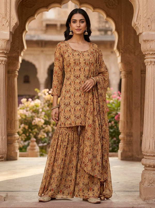 Cream Ethnic Ikat Pattern Pure Georgette Digital Printed Fabric - Sharara Set Lookbook - PG-0-MA015262-110 - alternate view