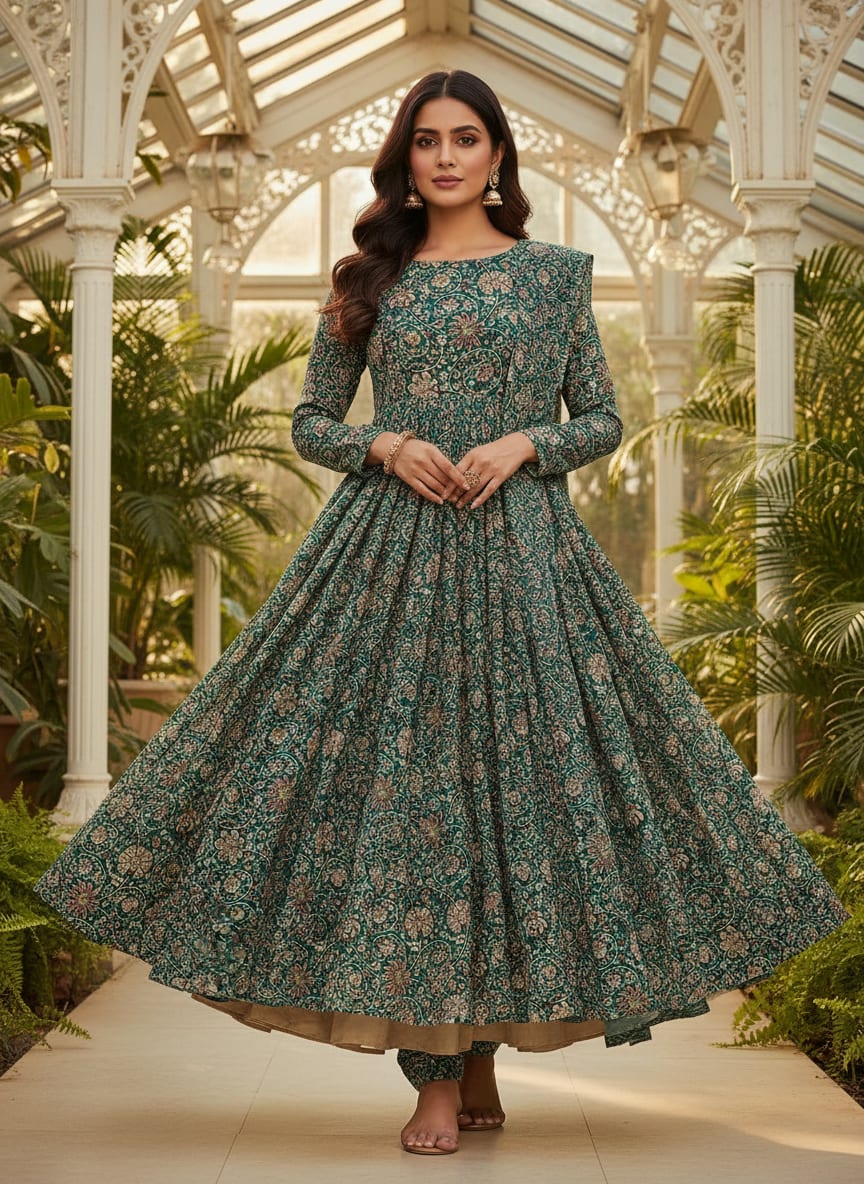 Teal Ethnic Floral Jaal Pure Georgette Digital Printed Fabric