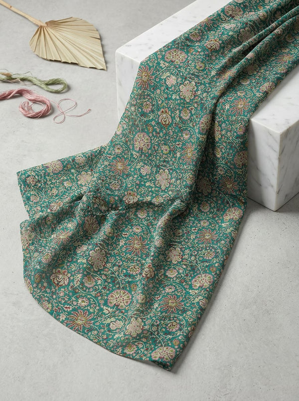 Teal Ethnic Floral Jaal Pure Georgette Digital Printed Fabric - Fabric Editorial Studio Flatlay Lookbook - PG-0-MA015596-110