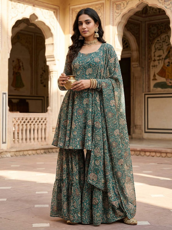 Teal Ethnic Floral Jaal Pure Georgette Digital Printed Fabric - Sharara Set Lookbook - PG-0-MA015596-110 - alternate view