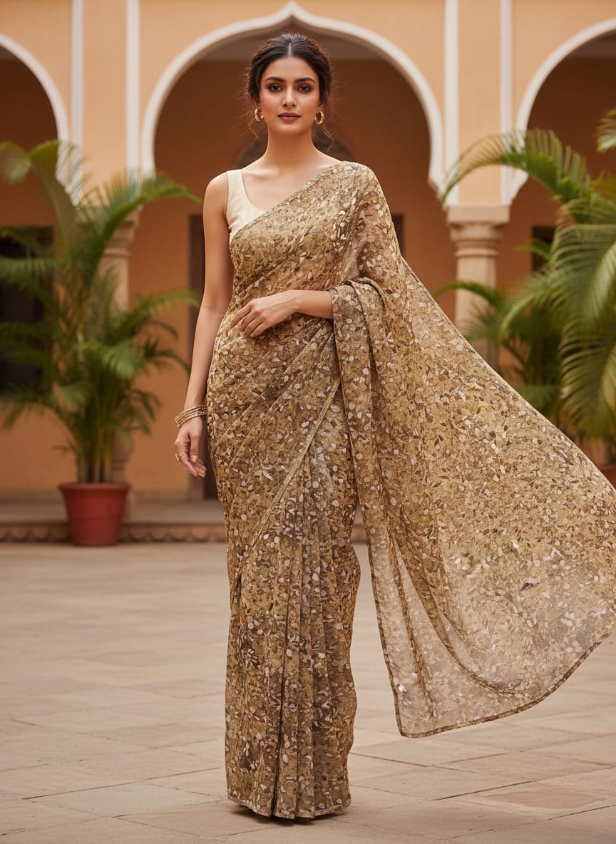 Metallic Bronze Leaves Pure Georgette Printed Fabric Material
