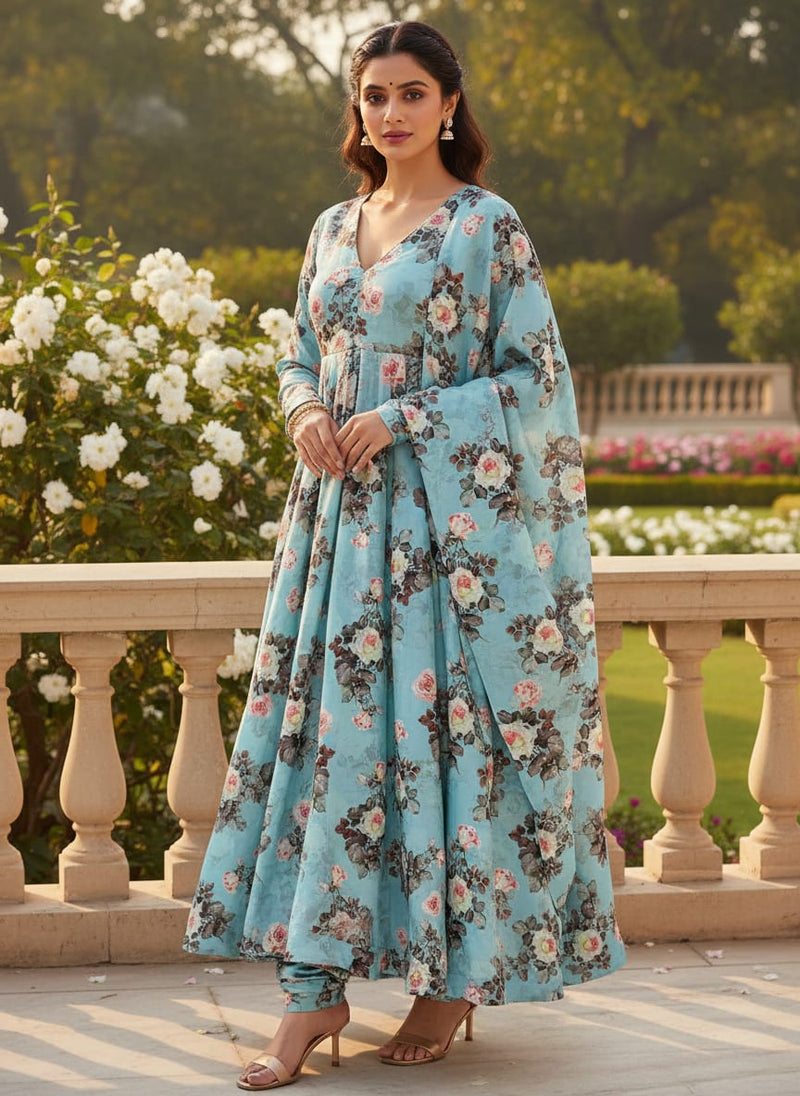 Sky Blue Flower Printed Japan Satin Fabric Material