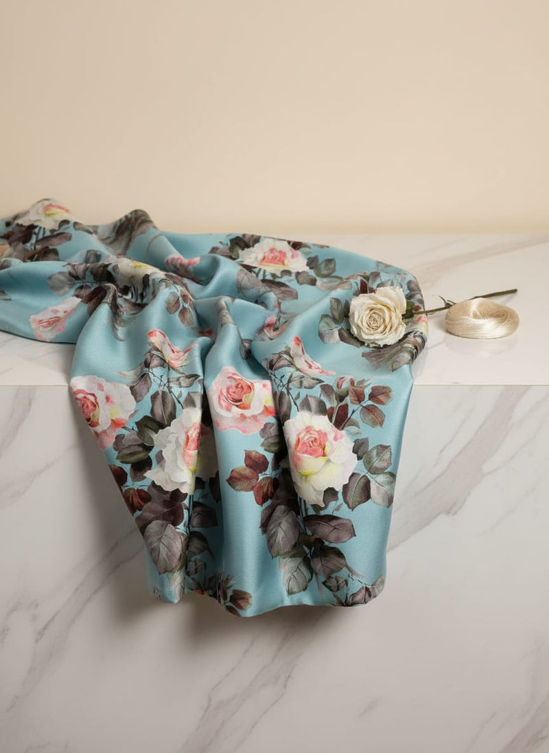 Sky Blue Flower Printed Japan Satin Fabric Material