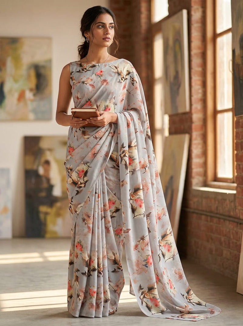 Grey Abstract Watercolour Floral Silk Crepe Digital Printed Fabric
