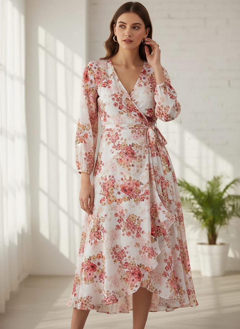 Peach Flower Printed Pure Georgette Fabric Material