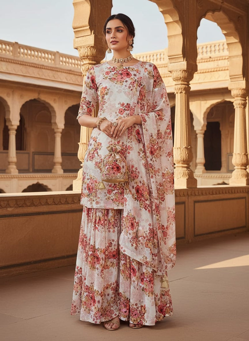 Peach Flower Printed Pure Georgette Fabric Material