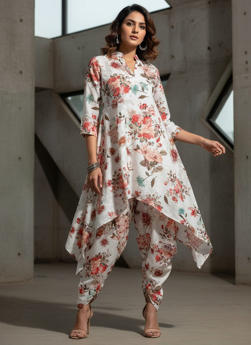 White Floral Printed Pure Cotton Fabric Material