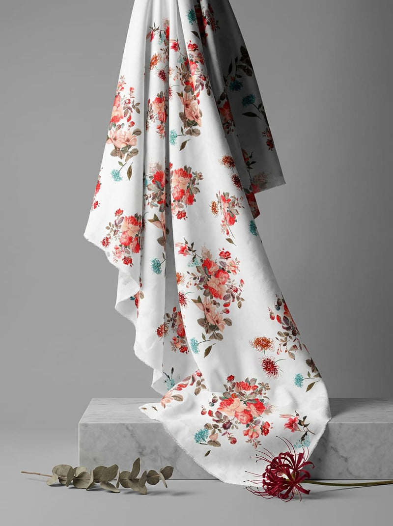 White Painterly Floral Bouquet Pure Cotton Digital Printed Fabric