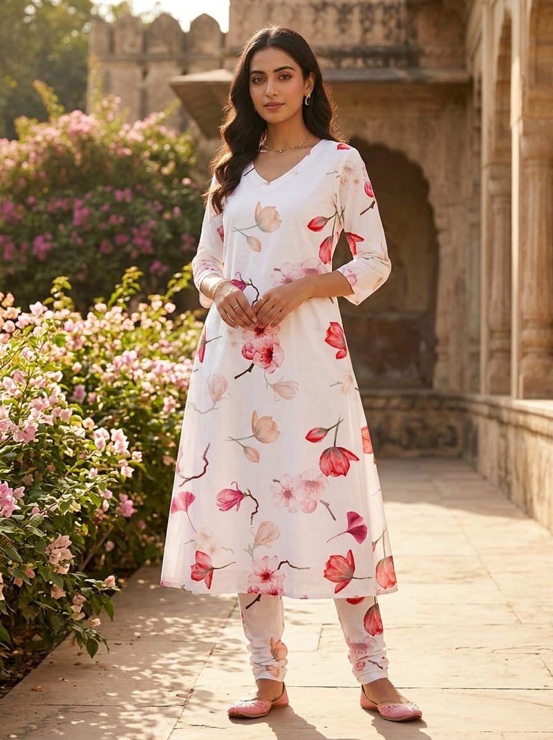White Watercolour Cherry Blossom Floral Pure Cotton Digital Printed Fabric