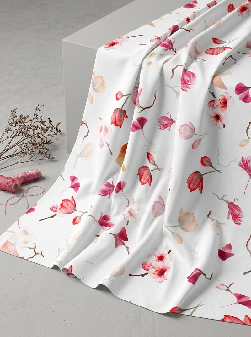 White Watercolour Cherry Blossom Floral Pure Cotton Digital Printed Fabric