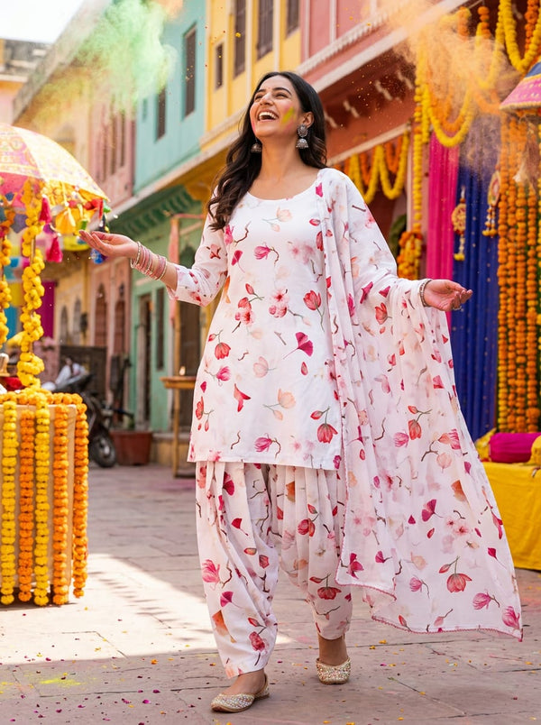 White Watercolour Cherry Blossom Floral Pure Cotton Digital Printed Fabric - Patiala Salwar Set Lookbook - PCO-0-TA08648P13-108 - alternate view