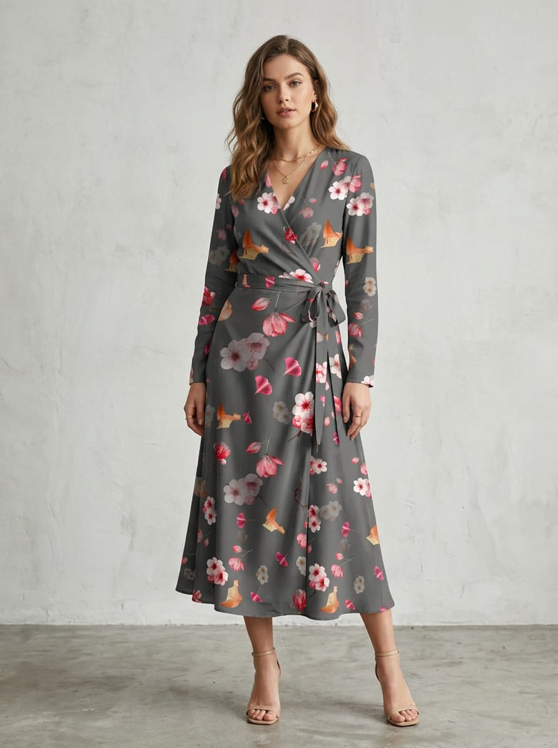 Grey Scattered Cherry Blossom Silk Crepe Digital Printed Fabric