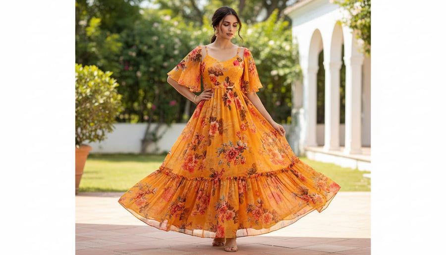 Golden Yellow Flower Printed Pure Georgette Fabric Material