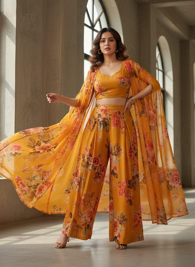 Golden Yellow Flower Printed Pure Georgette Fabric Material