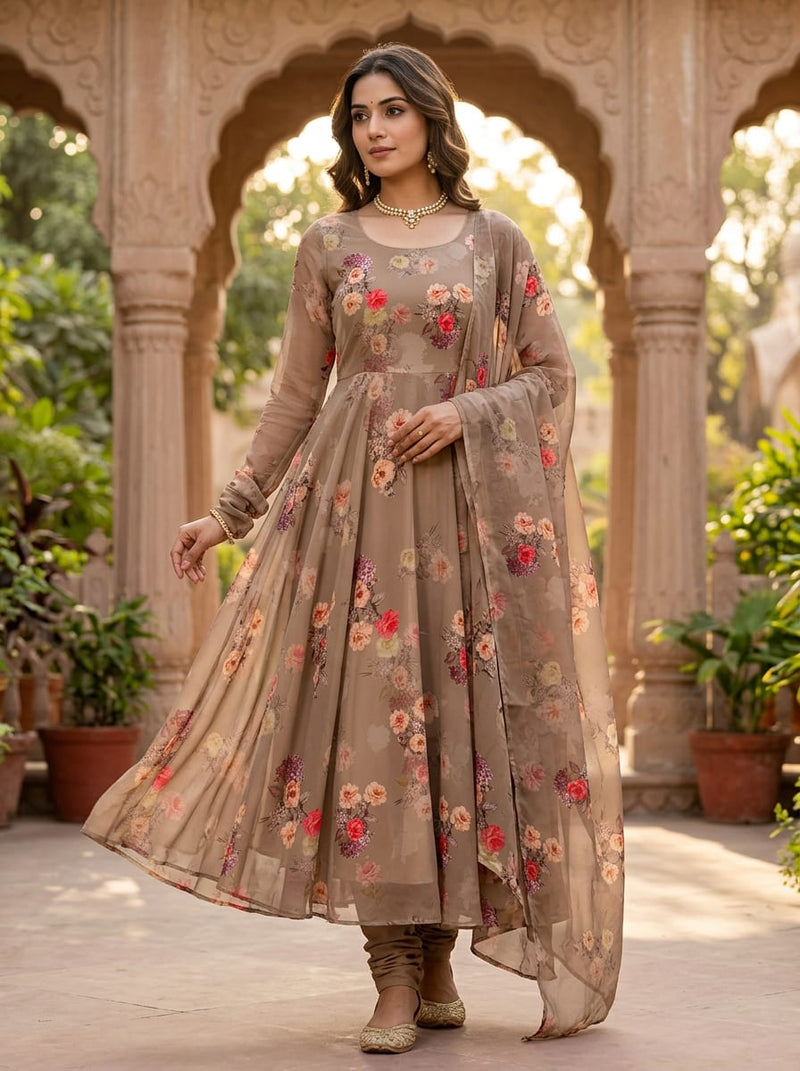 Brown Dainty Floral Bouquets Pure Georgette Digital Printed Fabric