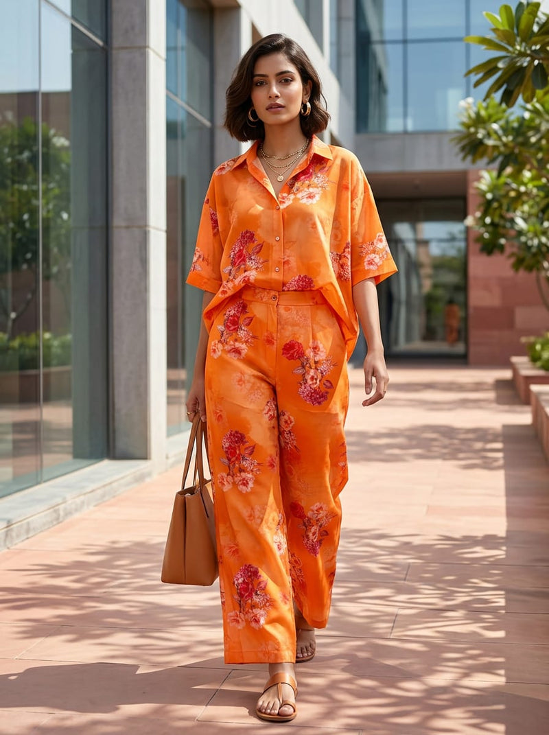 Orange Summer Floral Bouquets Pure Cotton Digital Printed Fabric