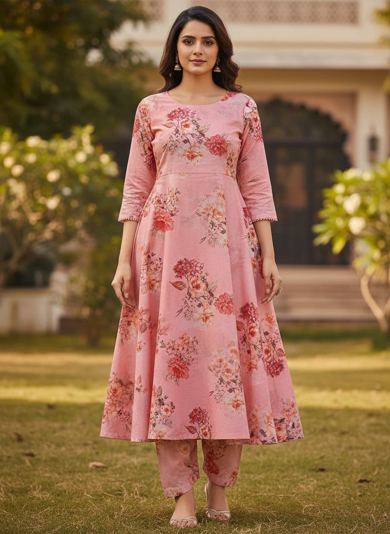 Peach Bud Flower Printed Pure Cotton Fabric Material