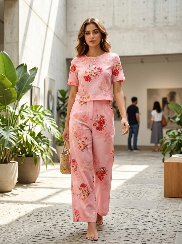 Pink Watercolor Floral Bouquet Pure Cotton Digital Printed Fabric - Co-ord Set with Wide Leg Pants Lookbook - PCO-0-TA08834P20-108 - alternate view