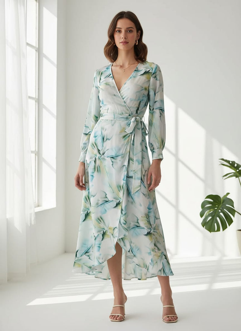 Cosmic Blue Leaves Printed Silk Crepe Fabric Material