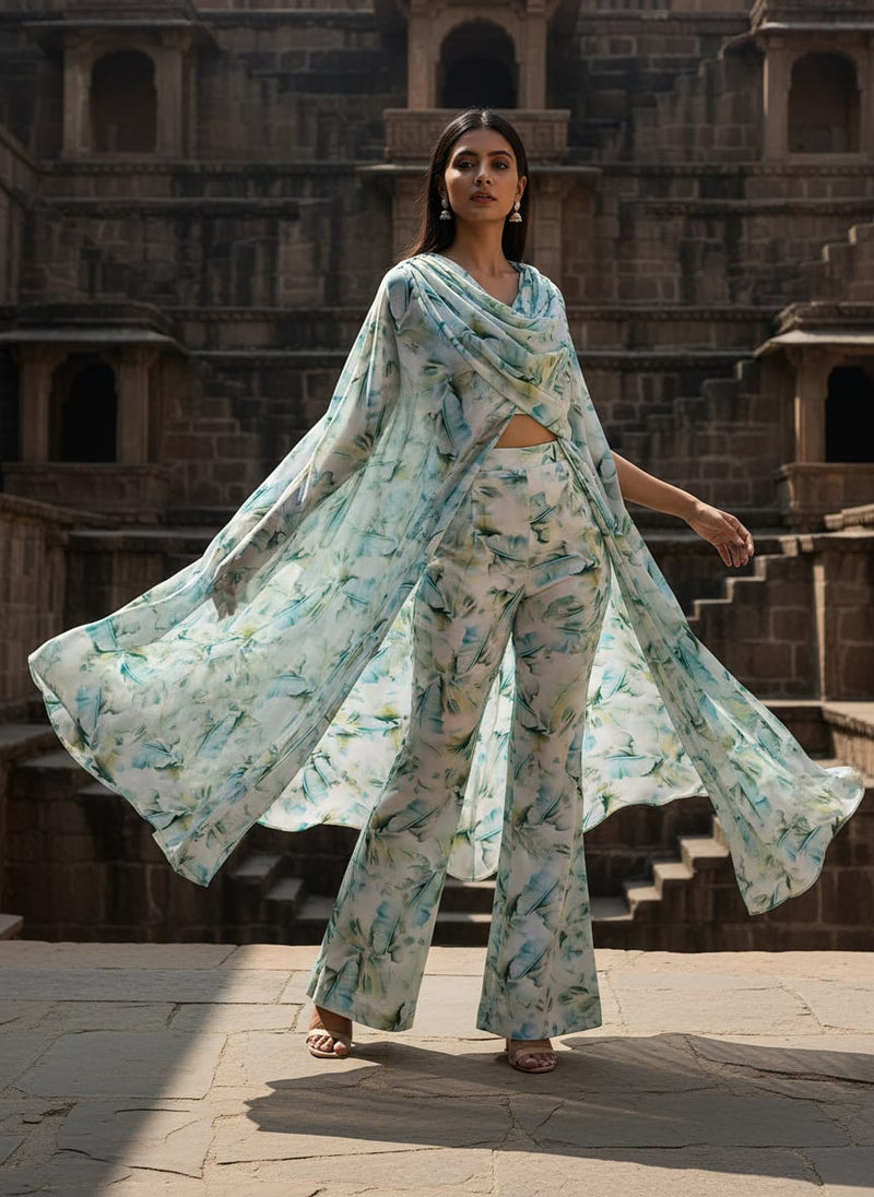 Cosmic Blue Leaves Printed Silk Crepe Fabric Material