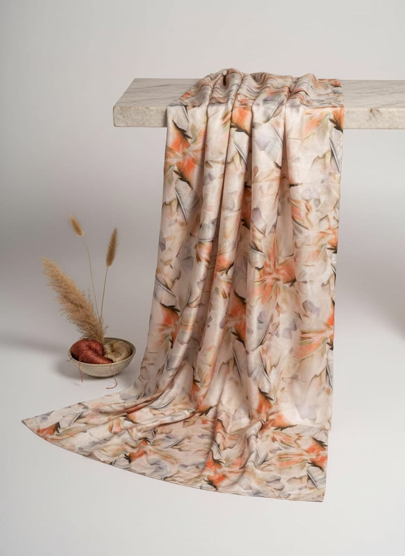 Celosia Orange Leaves Printed Silk Crepe Fabric Material