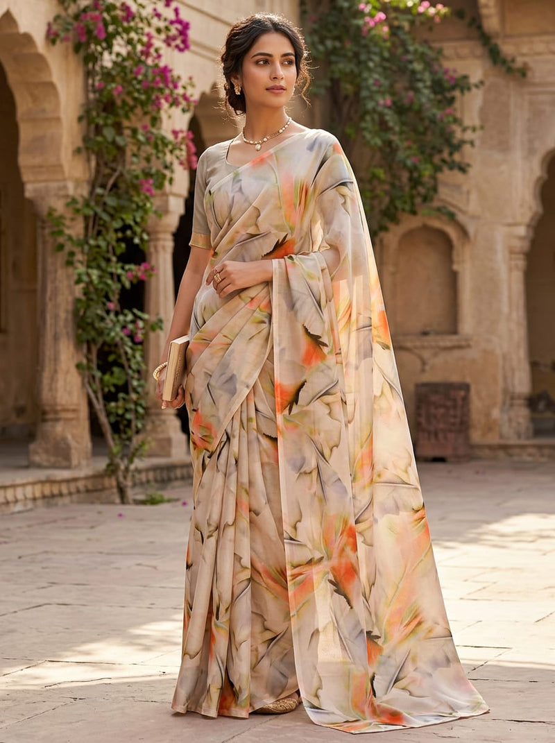 Multicolor Abstract Painterly Leaf Silk Crepe Digital Printed Fabric