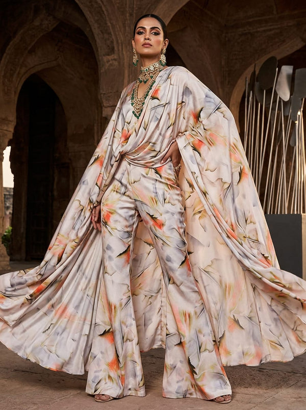 Multicolor Abstract Painterly Leaf Silk Crepe Digital Printed Fabric - Draped Cape with Flared Pants Lookbook - CR-0-TA08845P4-110 - alternate view