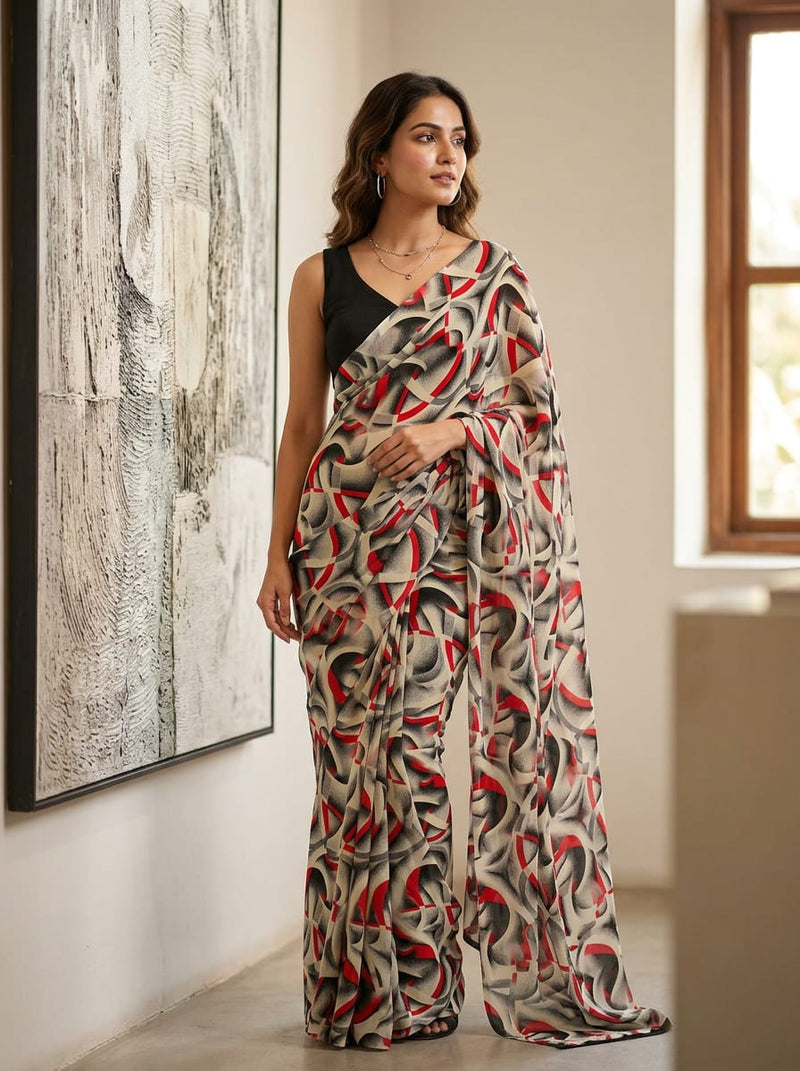 Multicolor Abstract Grainy Curves Pure Georgette Digital Printed Fabric