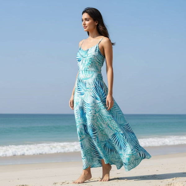 Cape Cod Blue Tropical Printed Silk Crepe Fabric Material - alternate view