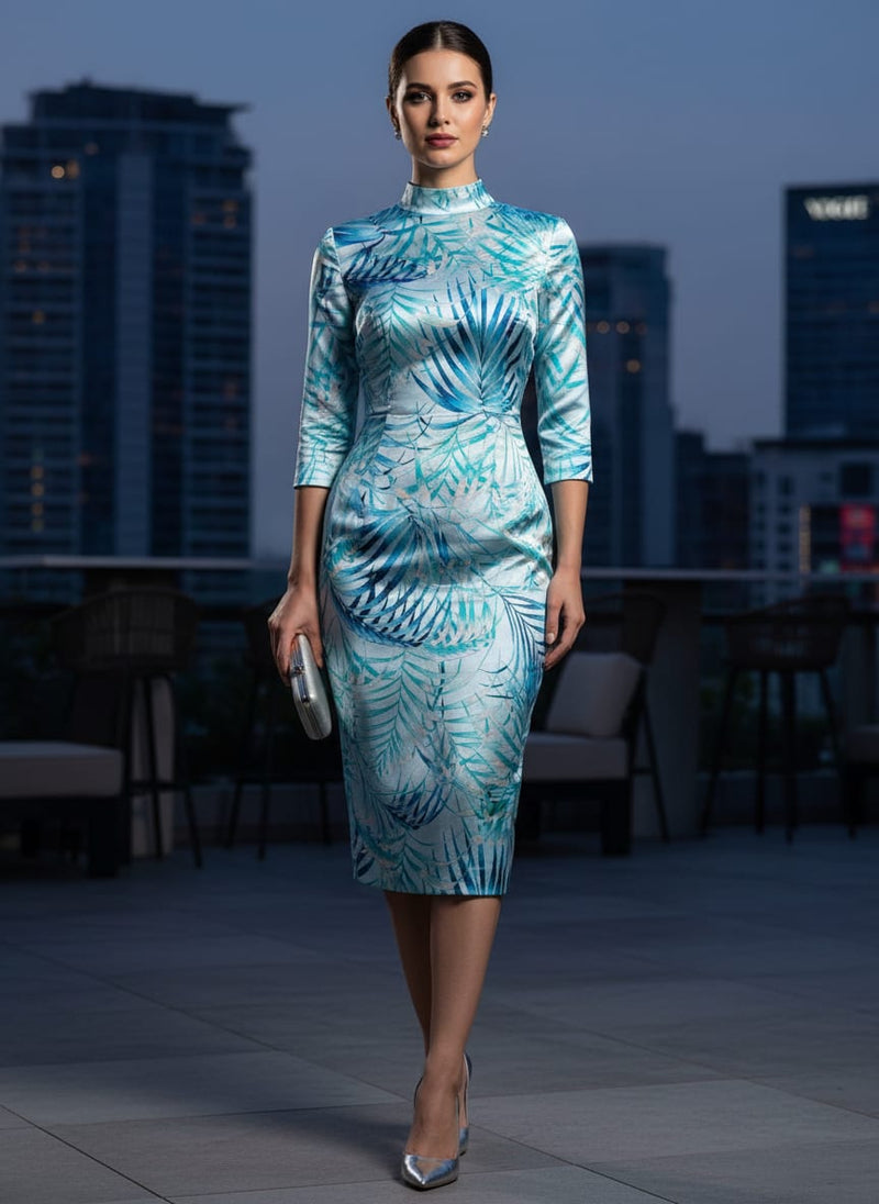 Cape Cod Blue Tropical Printed Silk Crepe Fabric Material