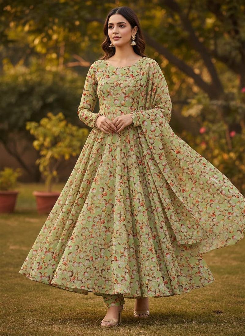 Pista Green Polka Dot Printed Pure Georgette Fabric Material