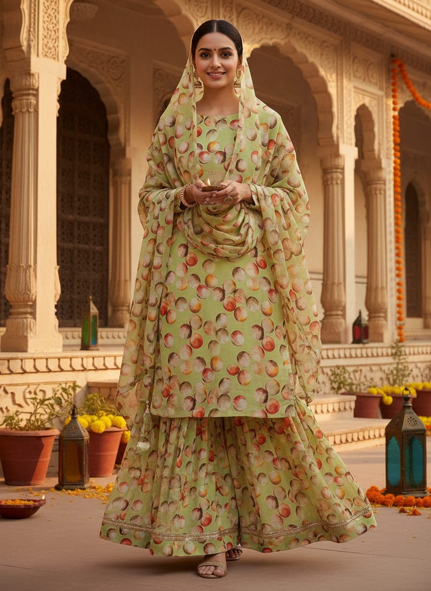 Pista Green Polka Dot Printed Pure Georgette Fabric Material